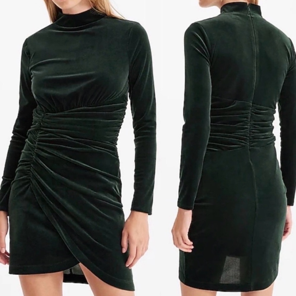 Express Dark Green Velvet Ruched Mini Dress